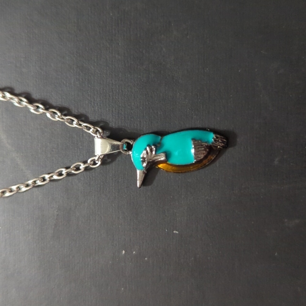 Silver Tone Teal Blue and Brown Kingfisher Bird Pendant Statement Necklace
